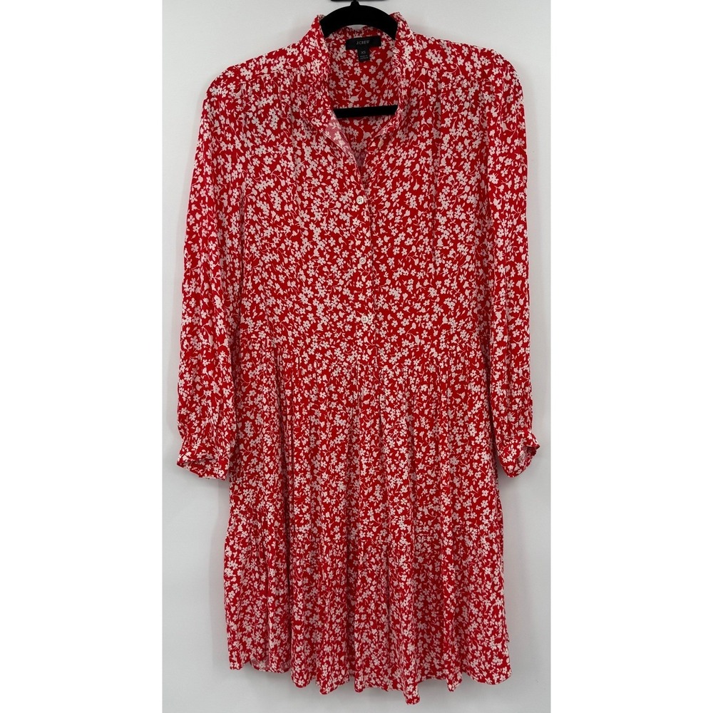199 J.Crew Red Floral Dress Sz XS Long Sleeve Mock Neckline Cottagecore - Picture 2 of 4